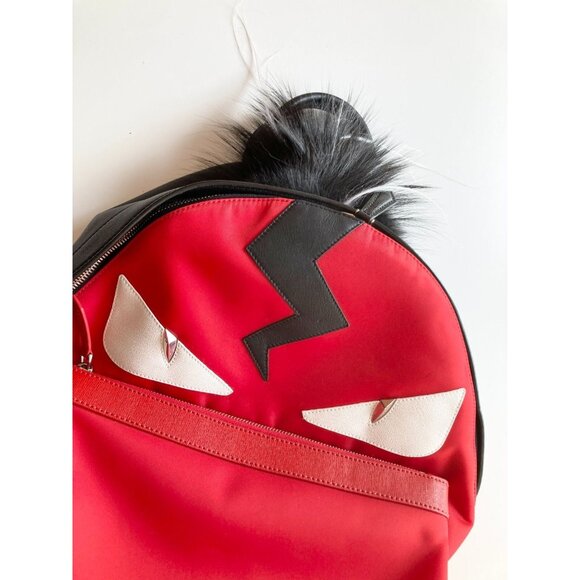 NWD FENDI Red Nylon Satin Black Leather Fox Fur Mohawk Monster Face Backpack - Picture 2 of 11
